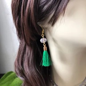 Green Tassel and Clear Crystal Dangle Earrings