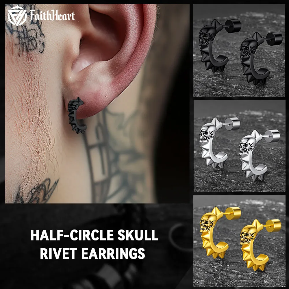 Half-Circle Skull Rivet Huggie Stud Earrings for Men