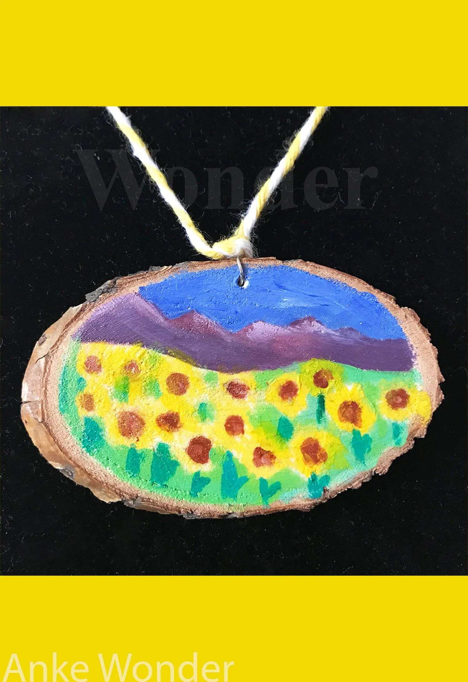 Handpainted Wooden Necklace Sunflower Mountain Landscape