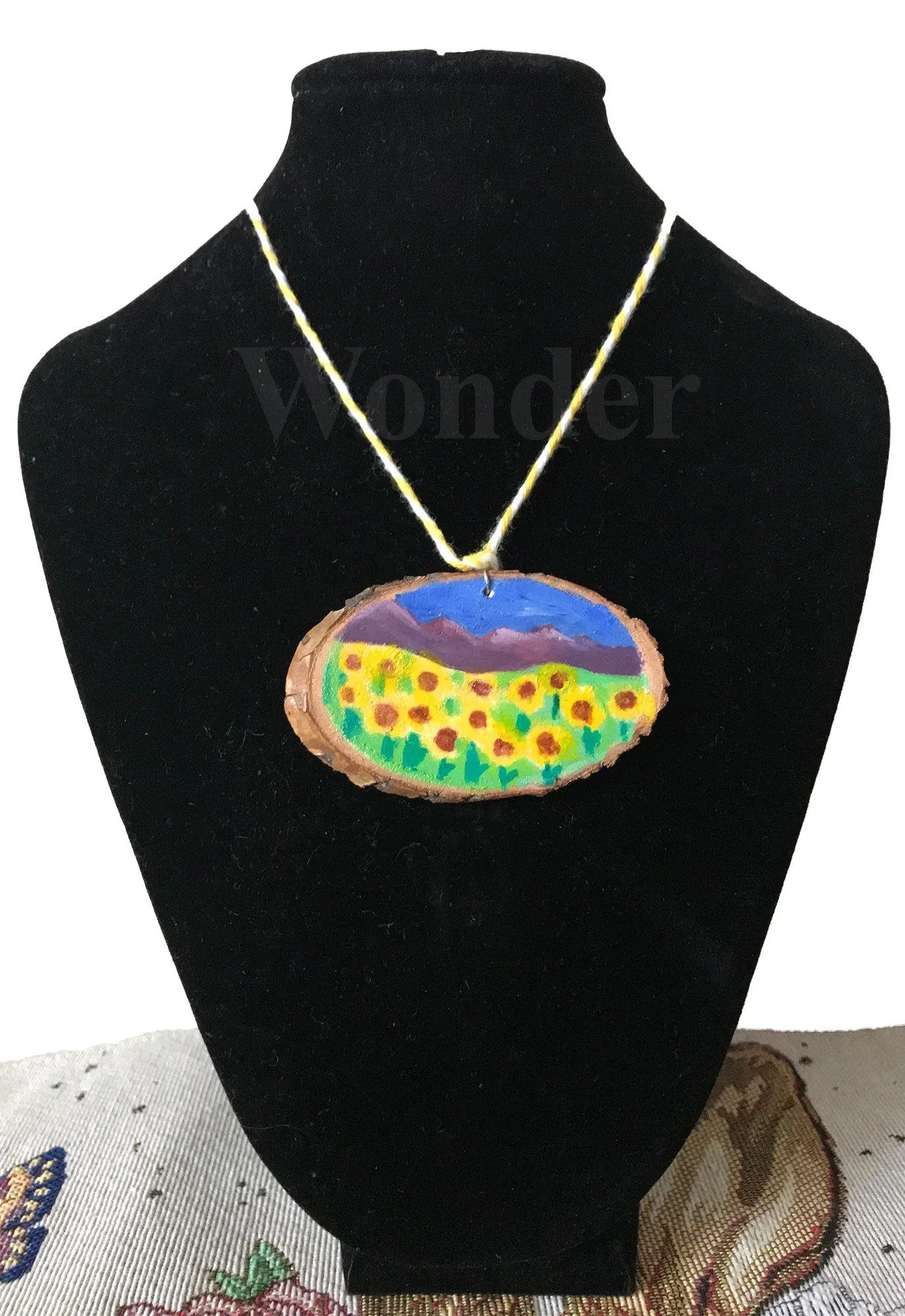 Handpainted Wooden Necklace Sunflower Mountain Landscape