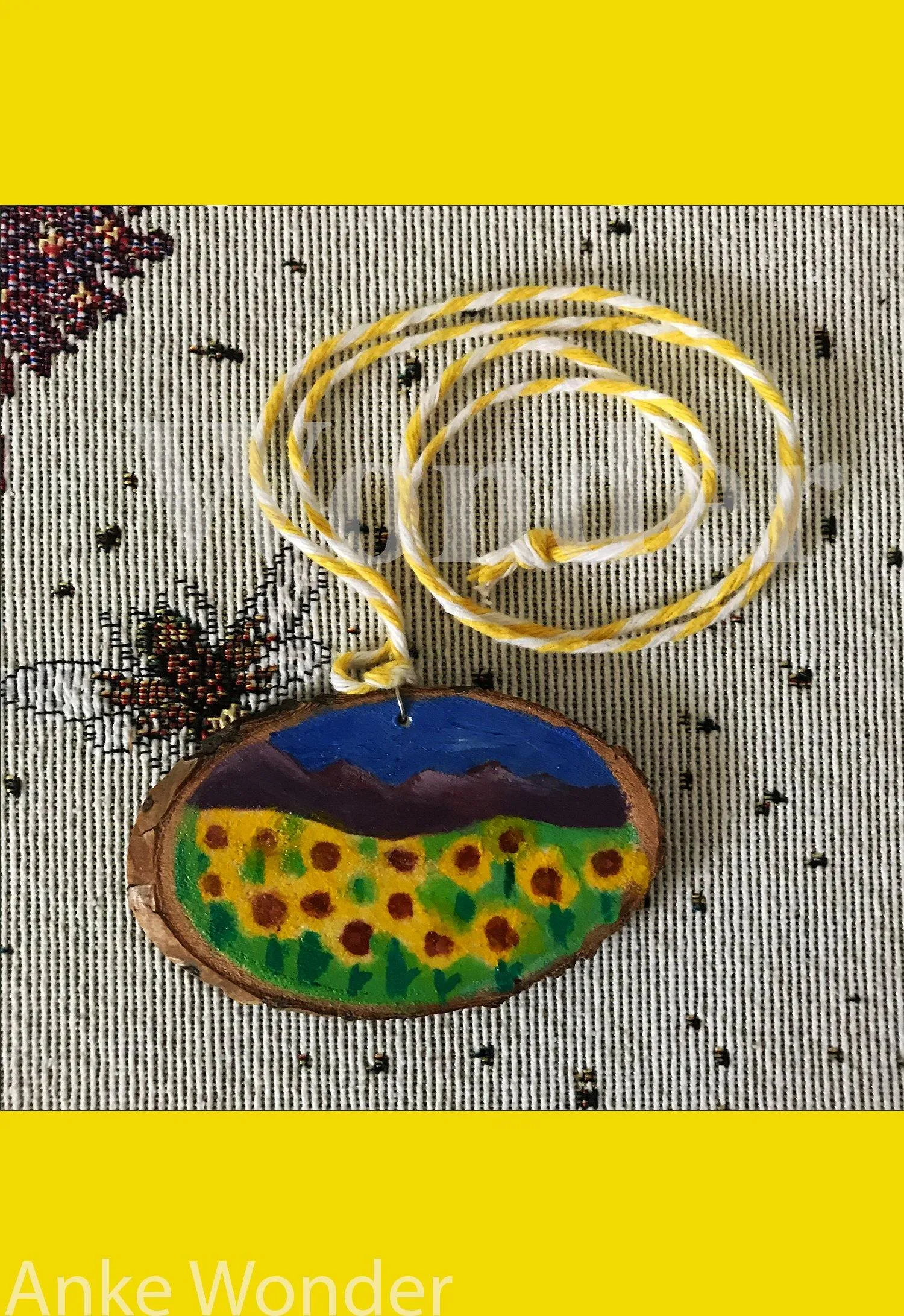 Handpainted Wooden Necklace Sunflower Mountain Landscape