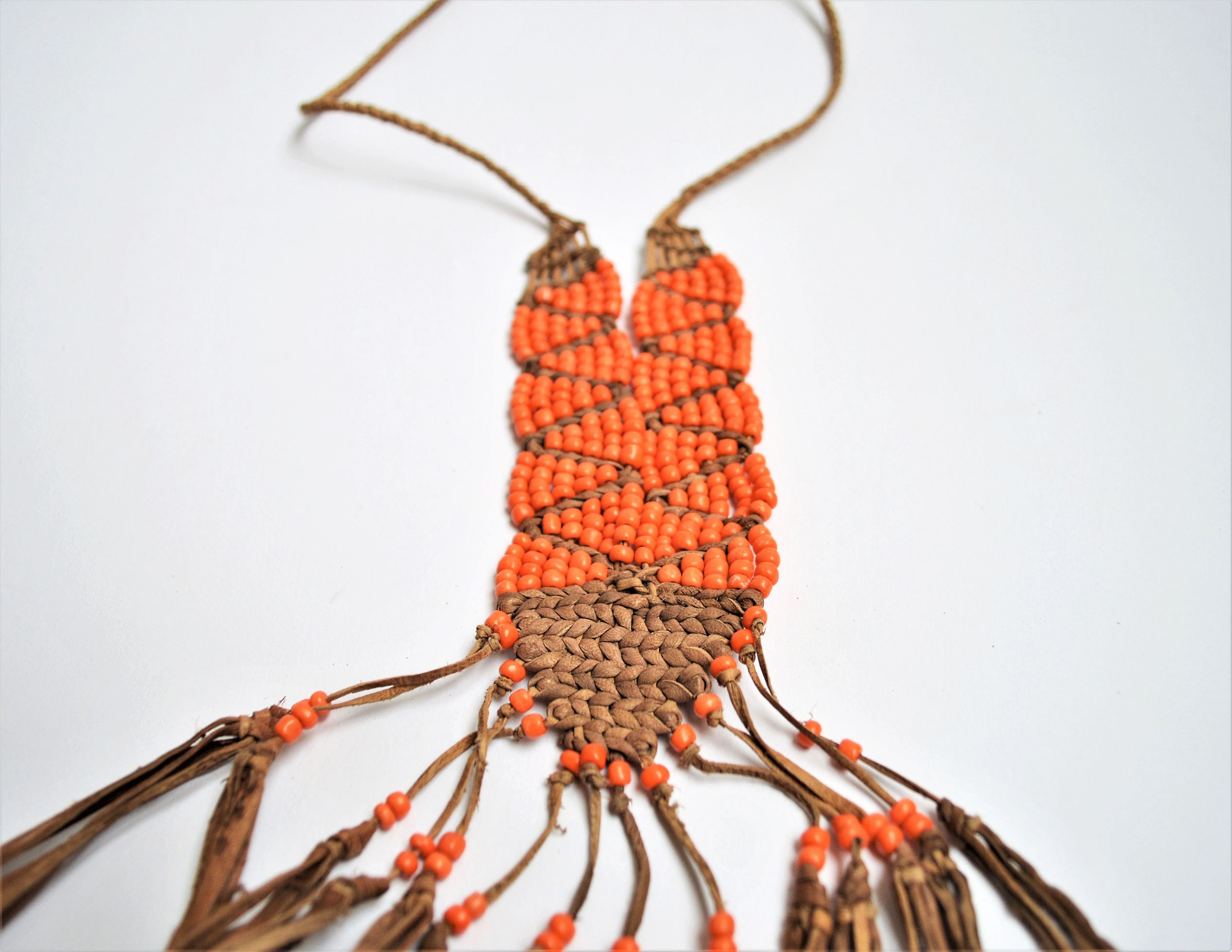 Hippy necklace leather and orange beads