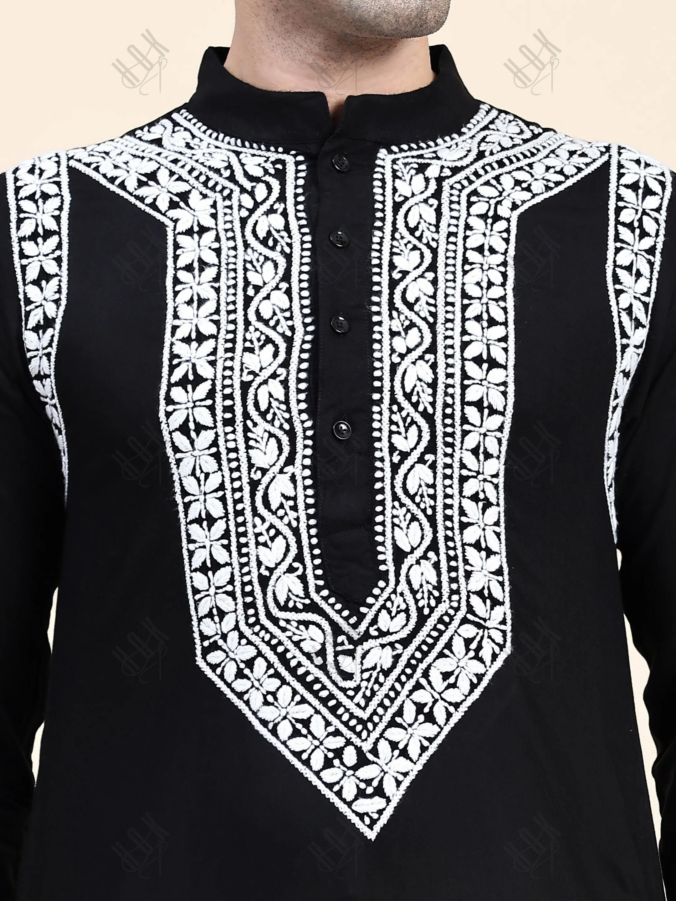 HOK Men's Chikankari Kurta in Rayon Cotton - Black