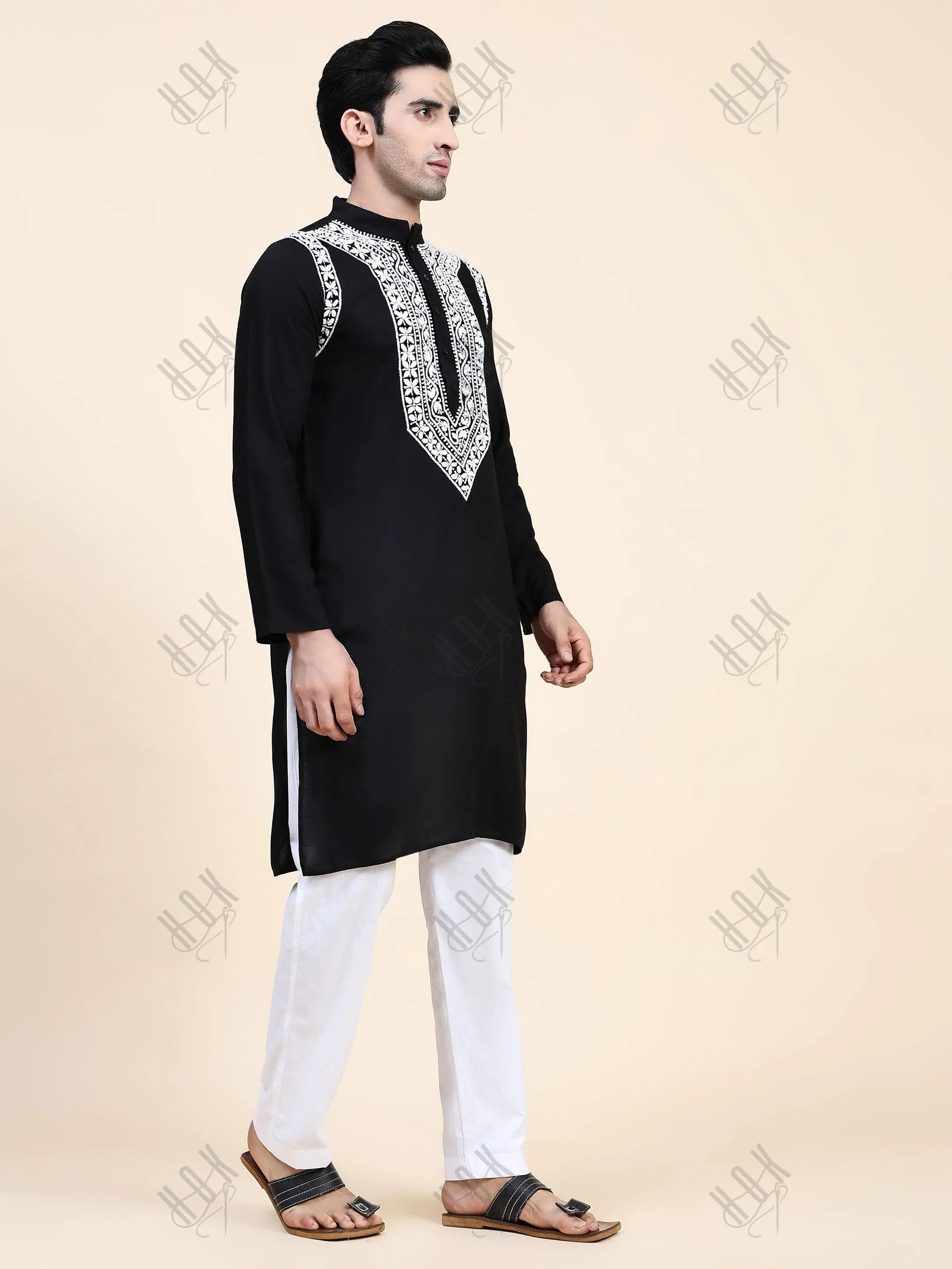 HOK Men's Chikankari Kurta in Rayon Cotton - Black