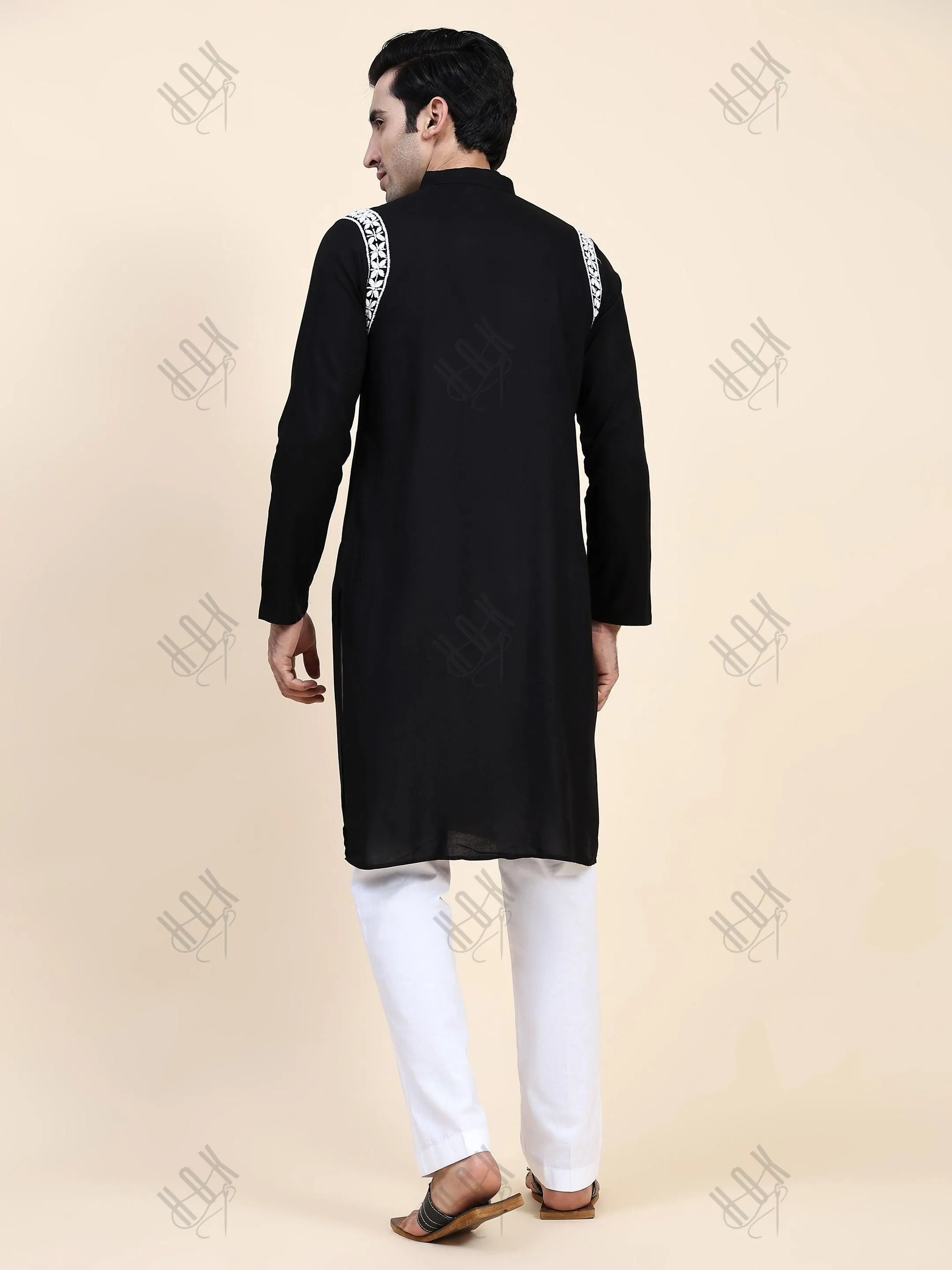 HOK Men's Chikankari Kurta in Rayon Cotton - Black