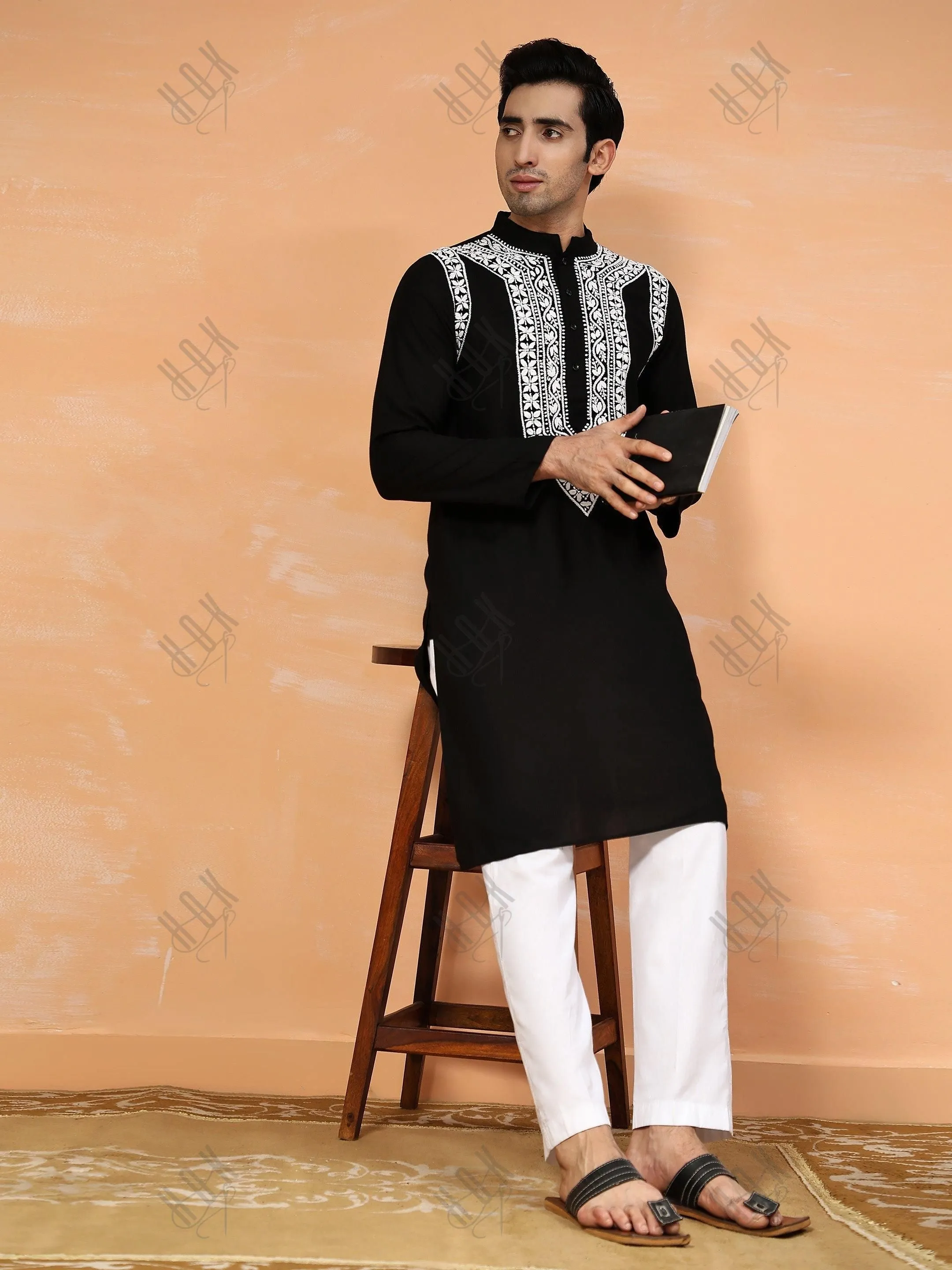 HOK Men's Chikankari Kurta in Rayon Cotton - Black