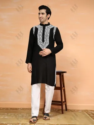 HOK Men's Chikankari Kurta in Rayon Cotton - Black