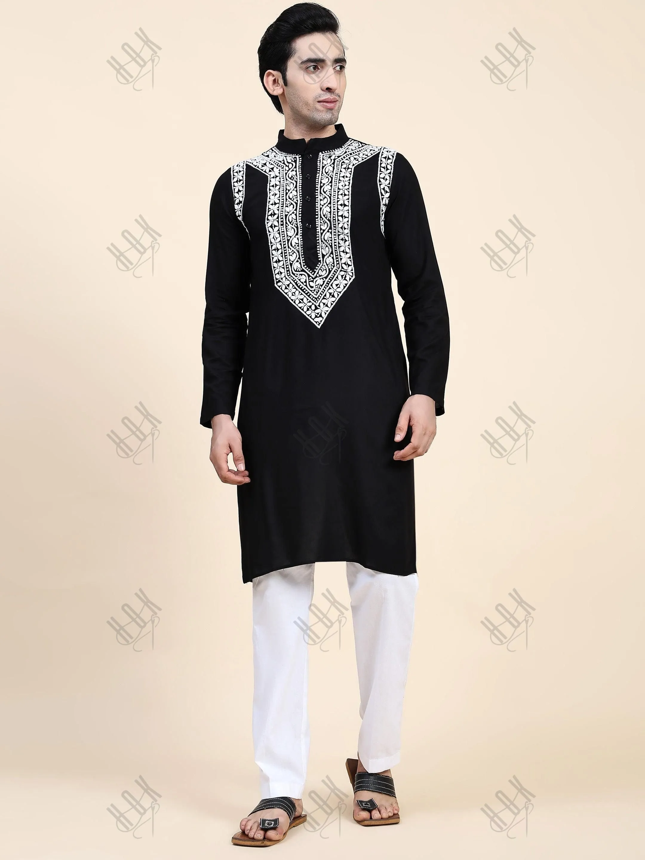 HOK Men's Chikankari Kurta in Rayon Cotton - Black