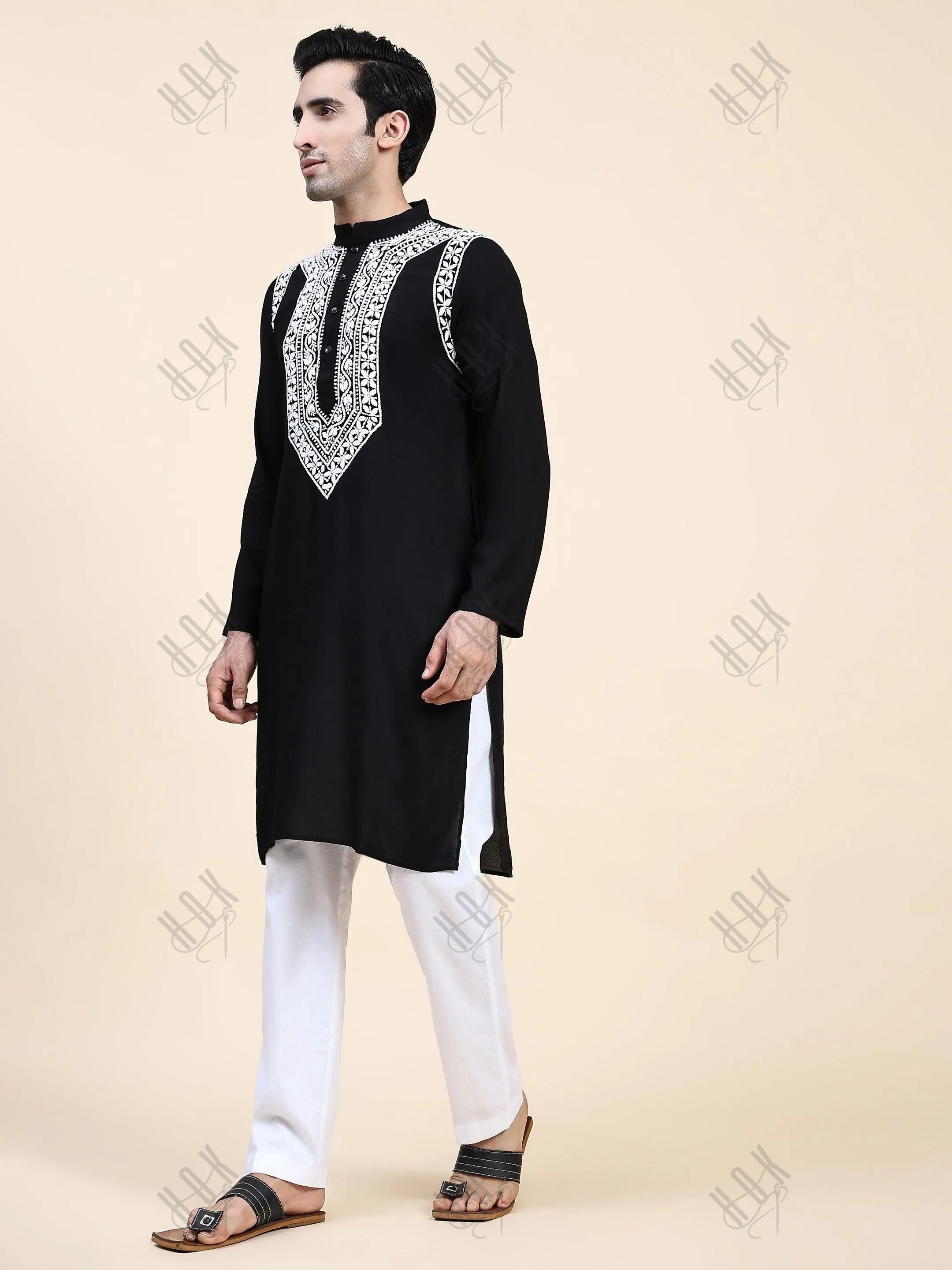 HOK Men's Chikankari Kurta in Rayon Cotton - Black