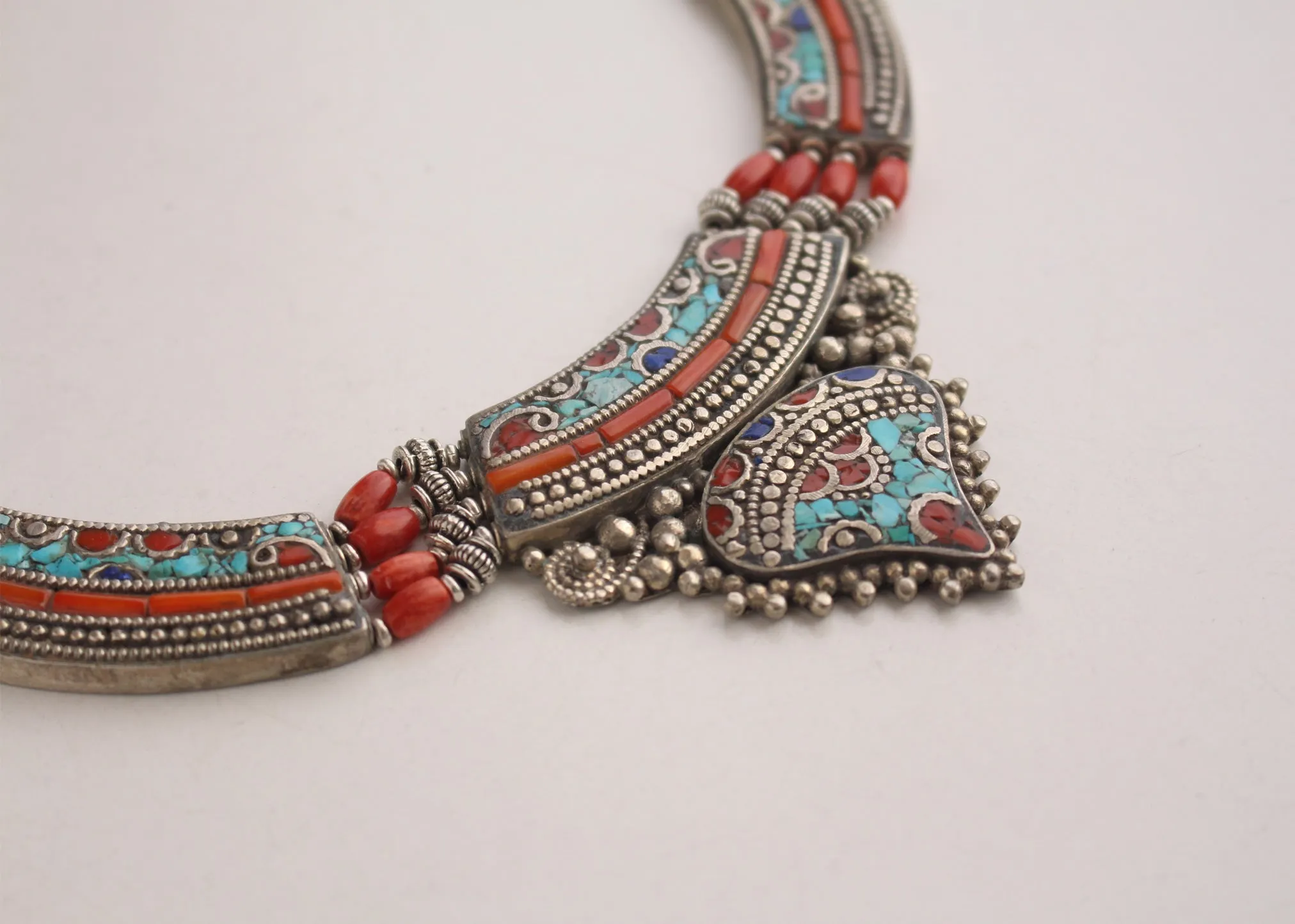 Inlaid Tibetan White Metal Necklace