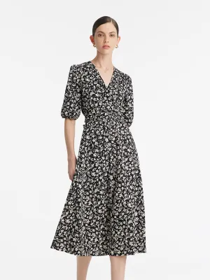 Iris Print V-Neck Tied Women Midi Dress