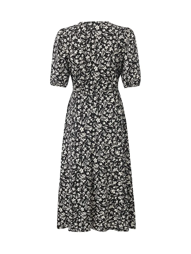 Iris Print V-Neck Tied Women Midi Dress