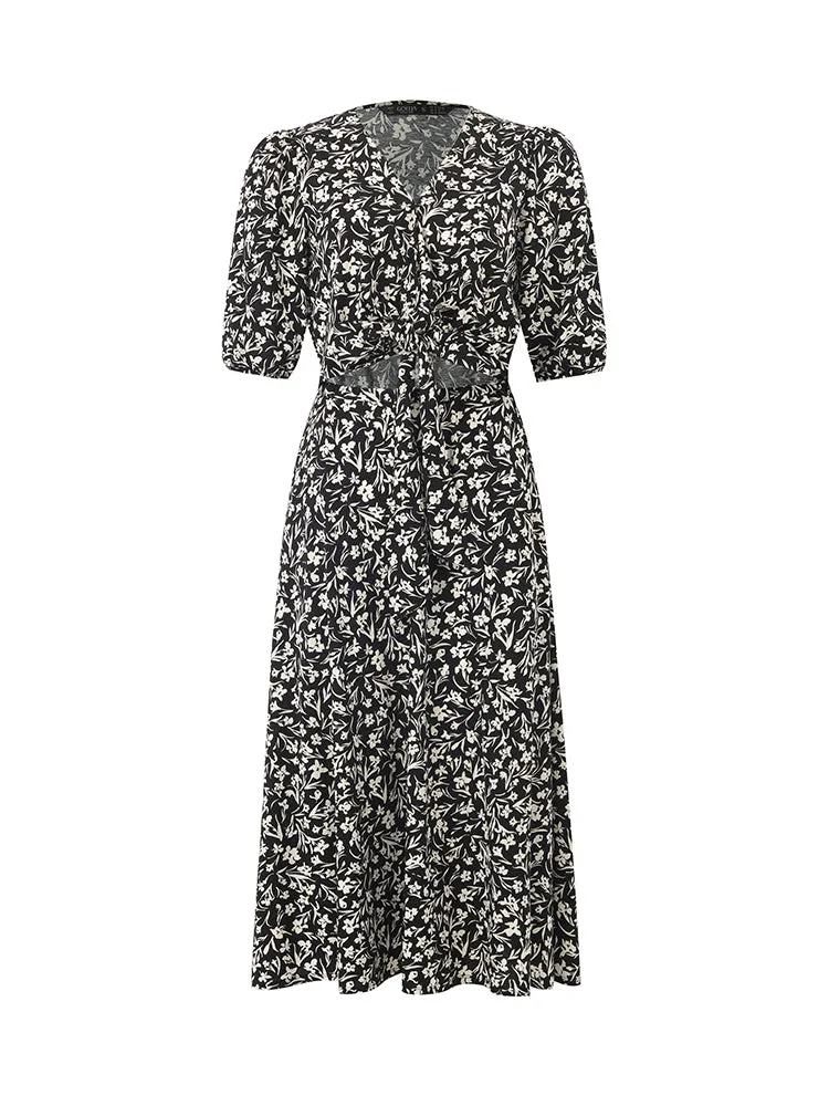 Iris Print V-Neck Tied Women Midi Dress