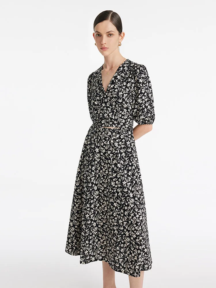 Iris Print V-Neck Tied Women Midi Dress