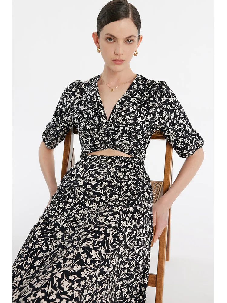 Iris Print V-Neck Tied Women Midi Dress