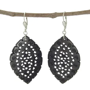 Lacy Leaf-Shaped Carved Bone Earrings Black WorldFinds