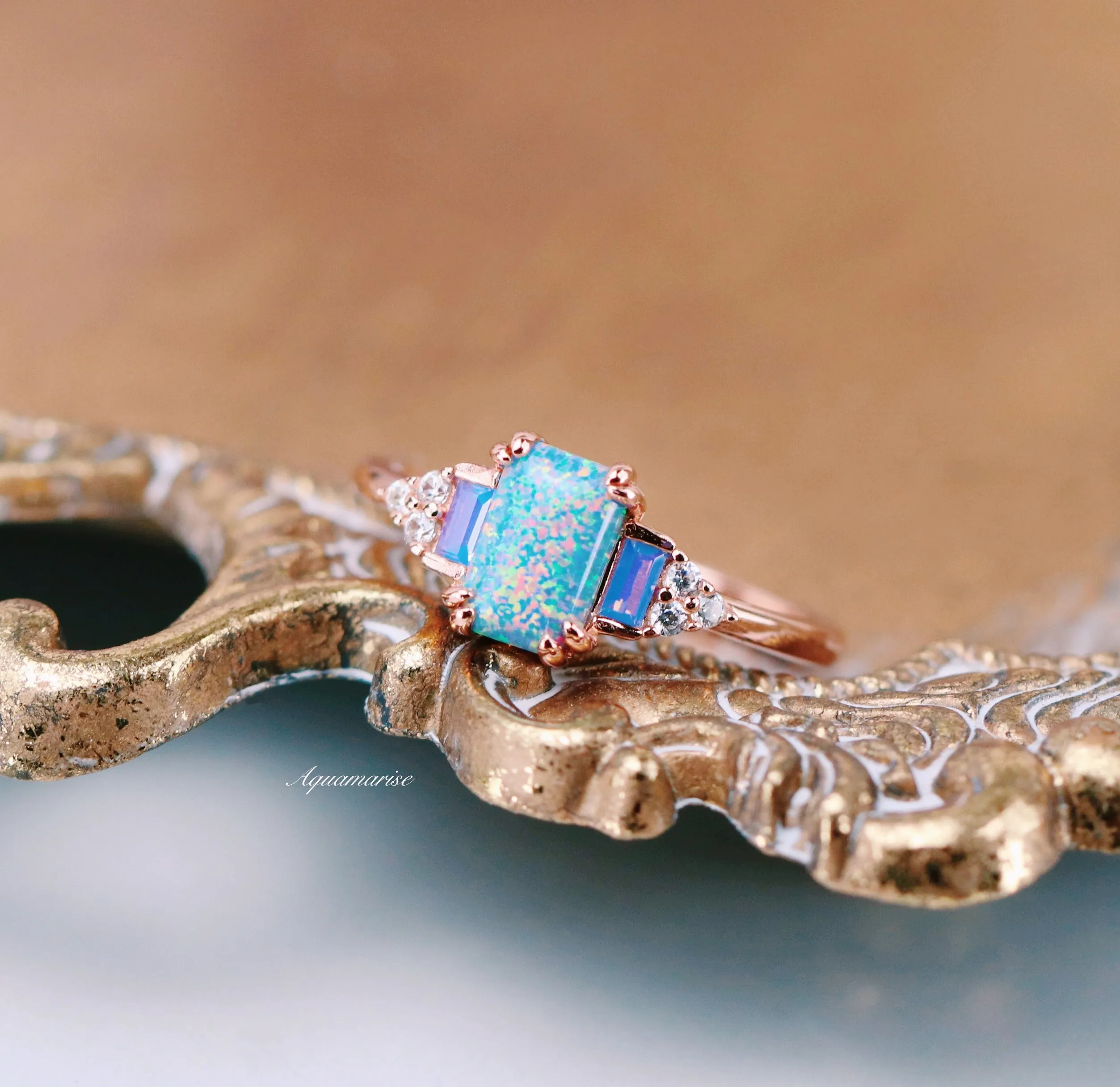 Light Blue Fire Opal & Opalescent Sapphire Ring- 14k Rose Gold Vermeil