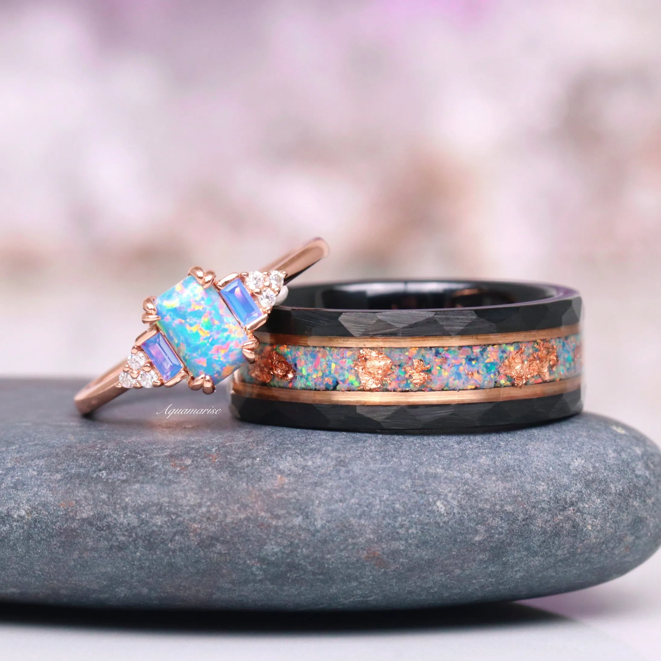 Light Blue Fire Opal & Opalescent Sapphire Ring- 14k Rose Gold Vermeil