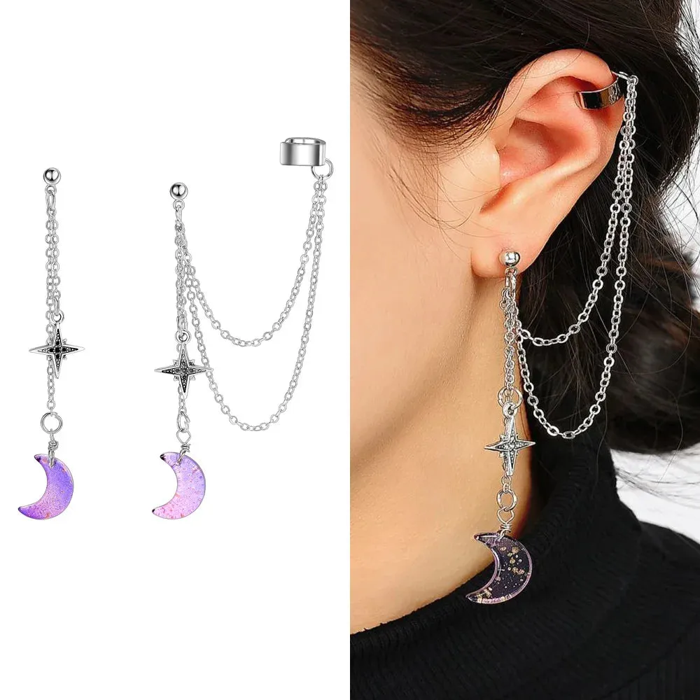 Light Purple Moon Tassel Earrings Silver Color Clip Earrings with Piercing Bohemian Fairy Ear Cuff Star Pendants Shiny Sequins