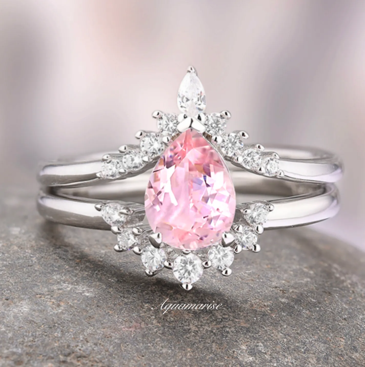 Lunette Teardrop Pink Tourmaline Ring Set- Sterling Silver