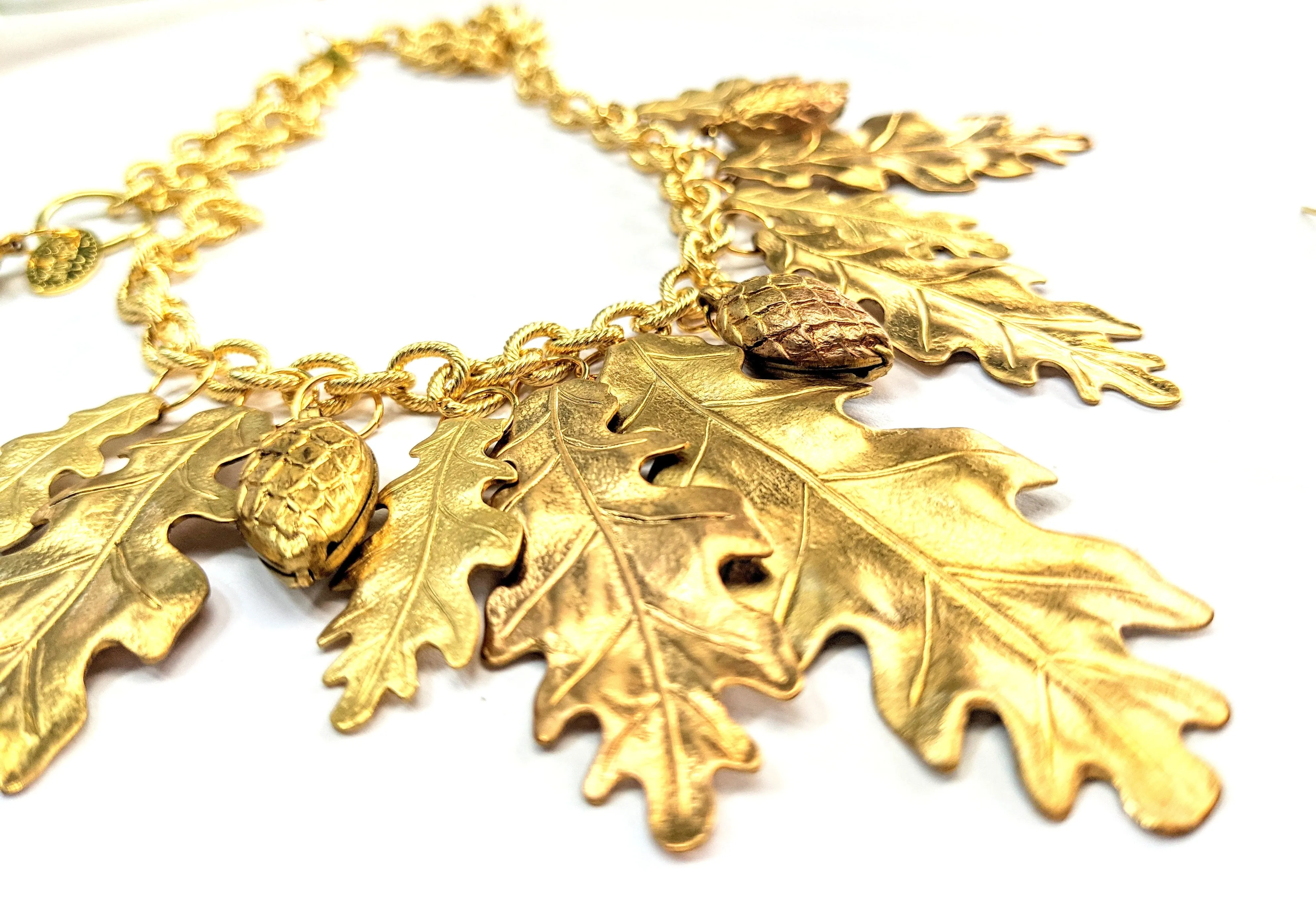 Magical Forest Necklace with Gold-Plated Oak Leaves and Pinecones - Designed by Award-Winning Artist Sugar Gay Isber