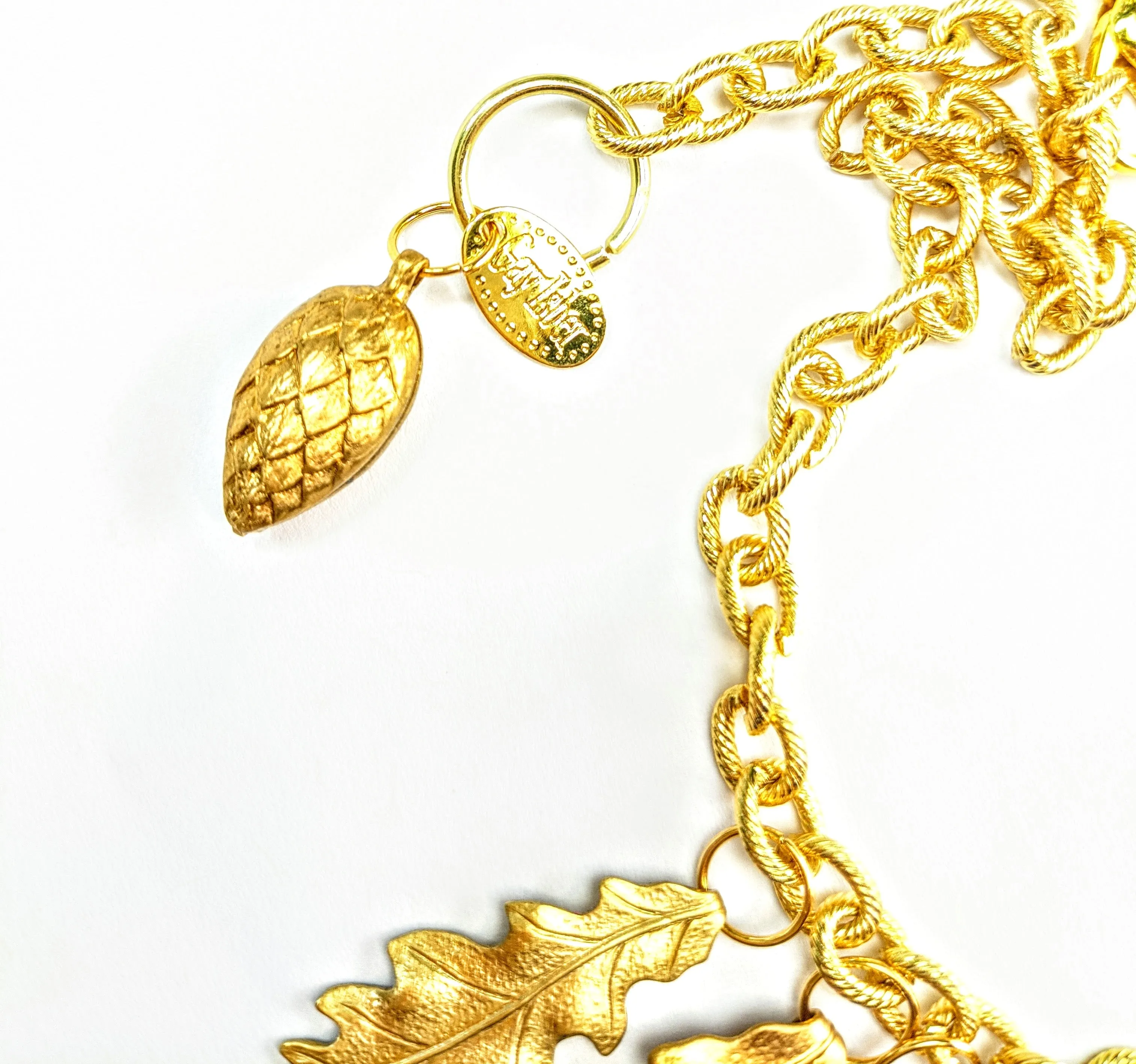 Magical Forest Necklace with Gold-Plated Oak Leaves and Pinecones - Designed by Award-Winning Artist Sugar Gay Isber