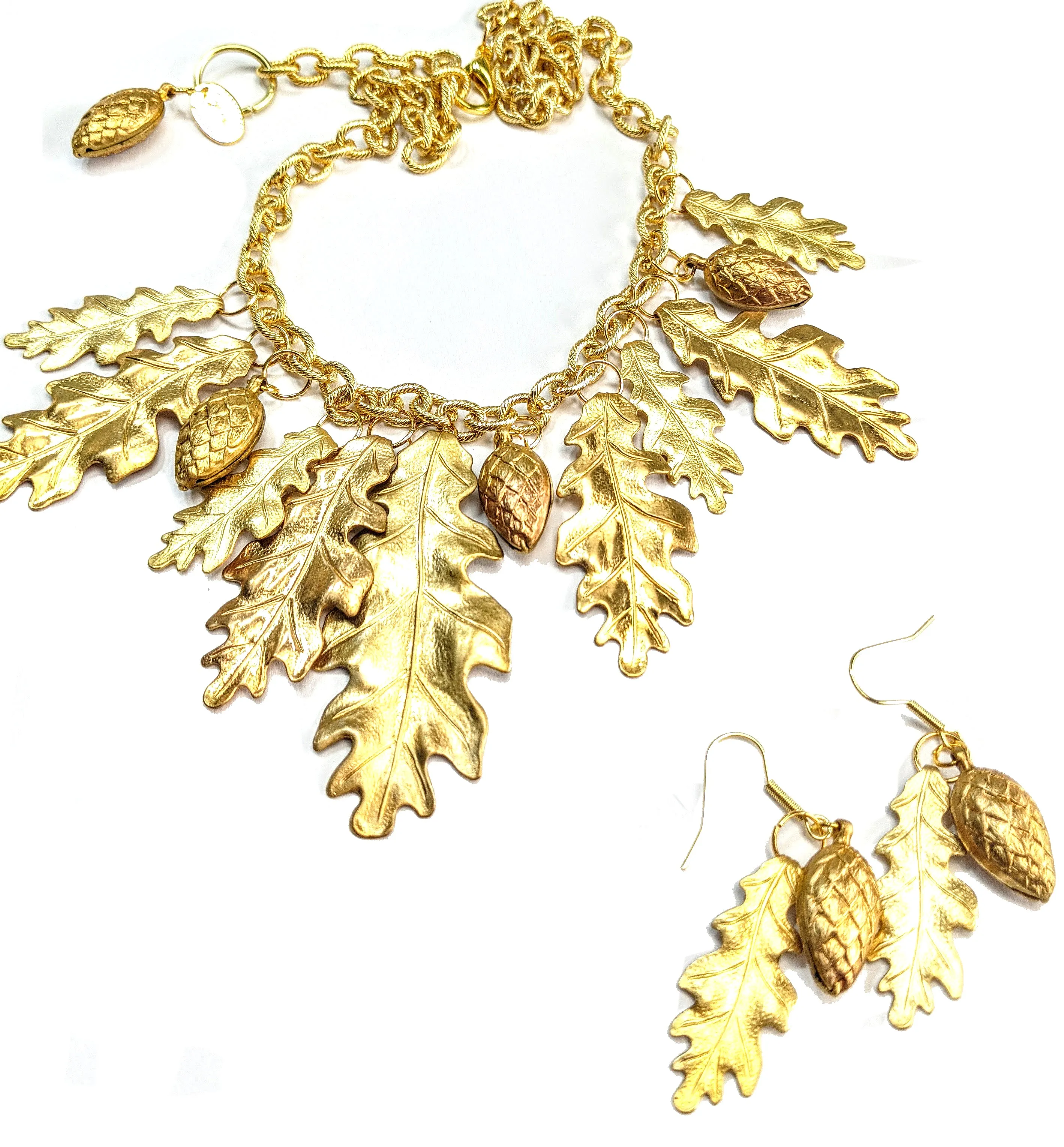 Magical Forest Necklace with Gold-Plated Oak Leaves and Pinecones - Designed by Award-Winning Artist Sugar Gay Isber