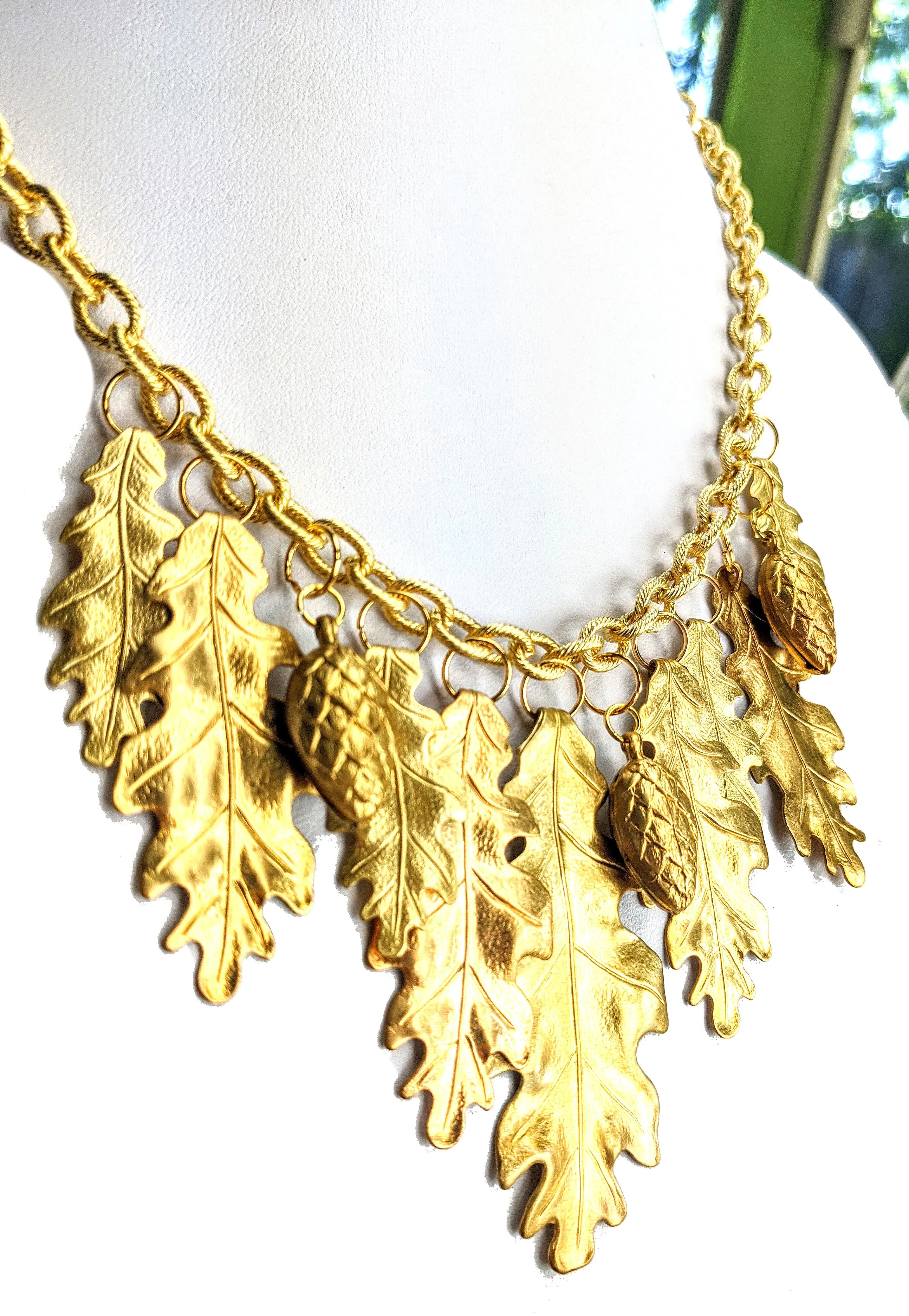 Magical Forest Necklace with Gold-Plated Oak Leaves and Pinecones - Designed by Award-Winning Artist Sugar Gay Isber