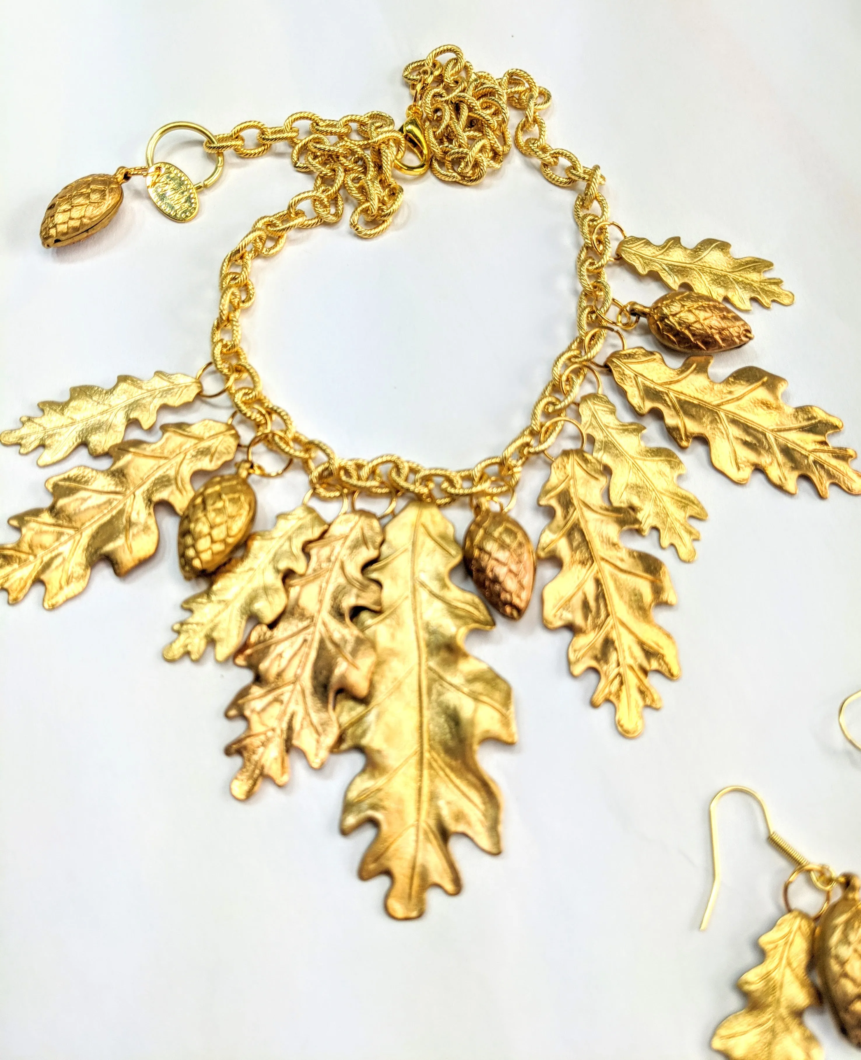 Magical Forest Necklace with Gold-Plated Oak Leaves and Pinecones - Designed by Award-Winning Artist Sugar Gay Isber