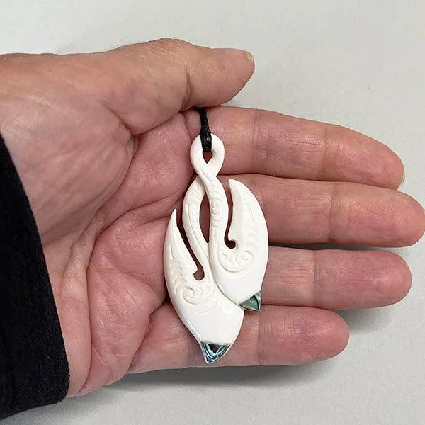 Maori Bone Double Hook Pendant with Paua Shell