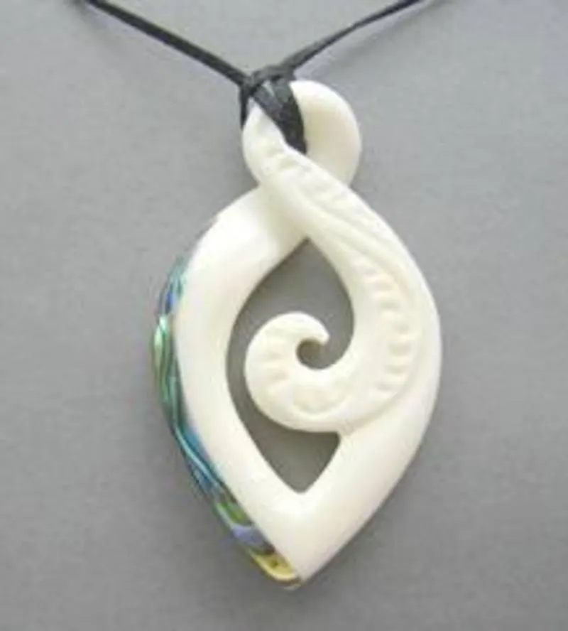 Maori Bone Twist Pendant with Inner Koru and Paua Trim