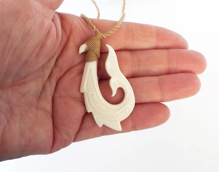 Maori Bone Whale Tail Hook Necklace with String Cord