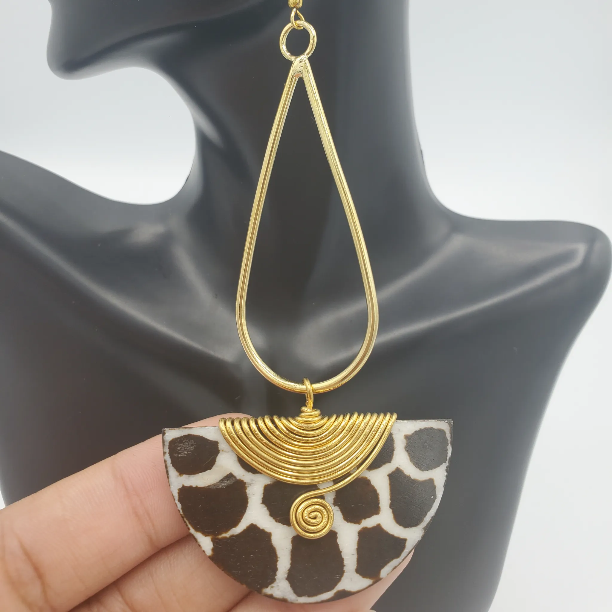 Oval Batik Bone & Brass Earrings, Animal Print