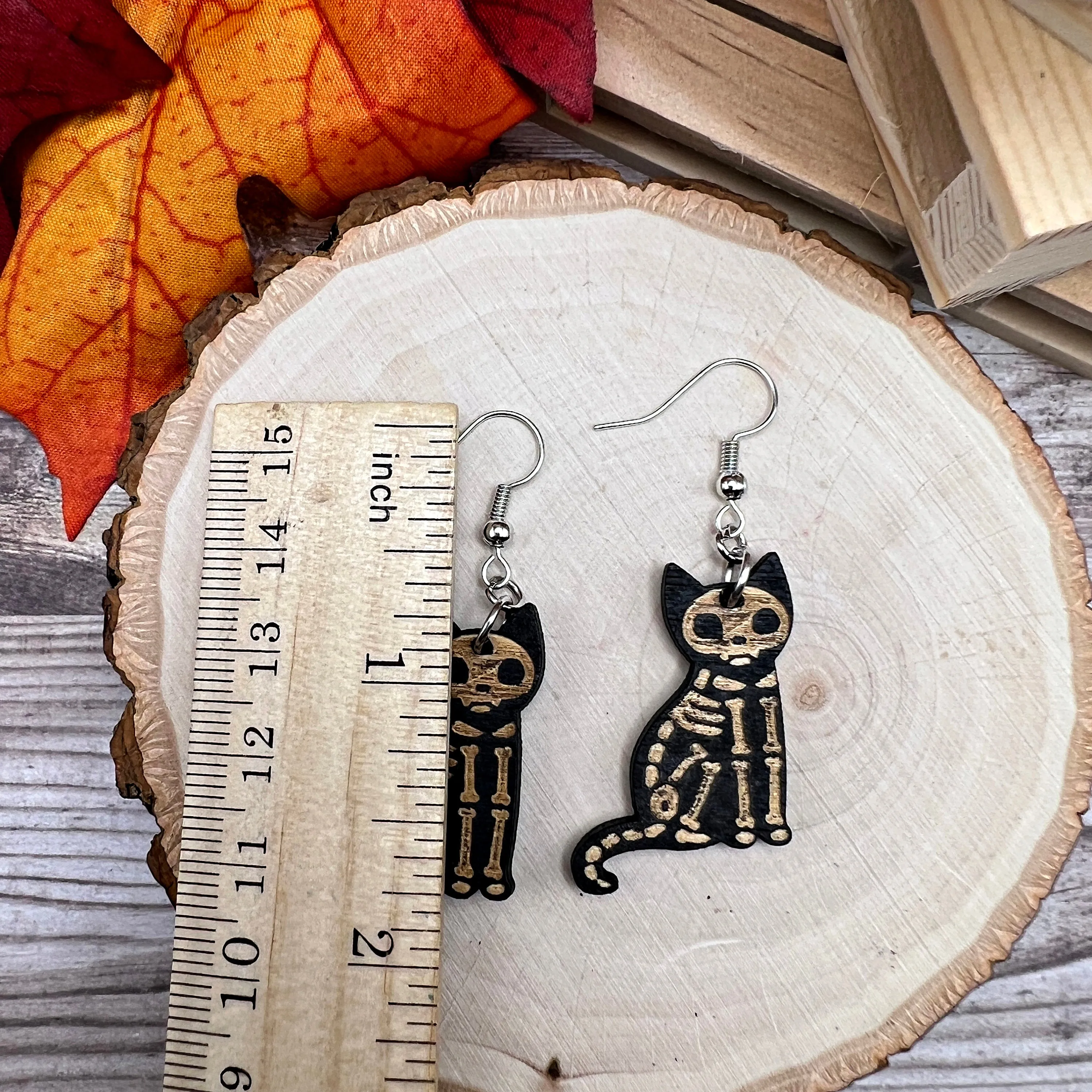 Painted Wood Black Skeleton Cat Creepy Halloween Hypoallergenic  Earrings