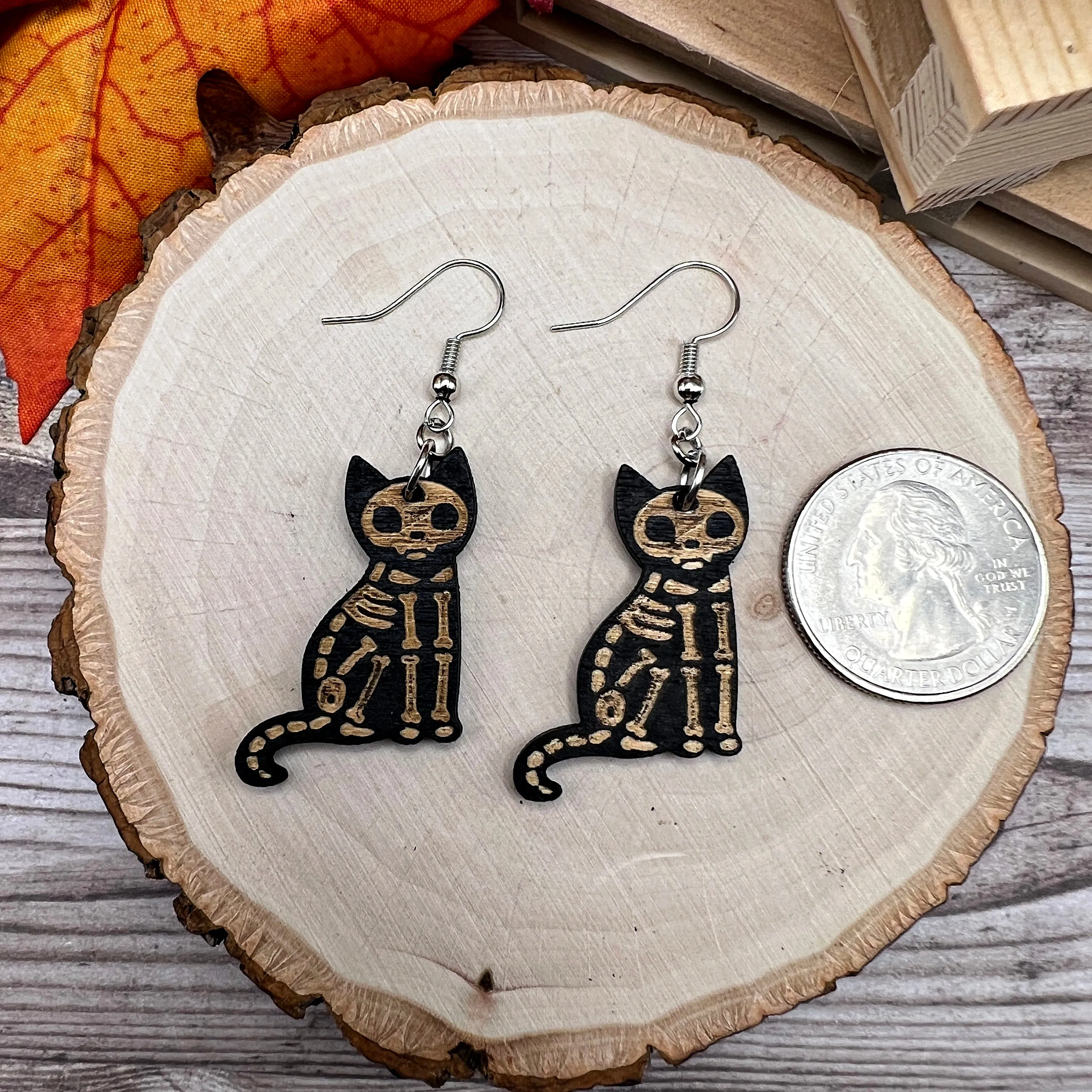 Painted Wood Black Skeleton Cat Creepy Halloween Hypoallergenic  Earrings