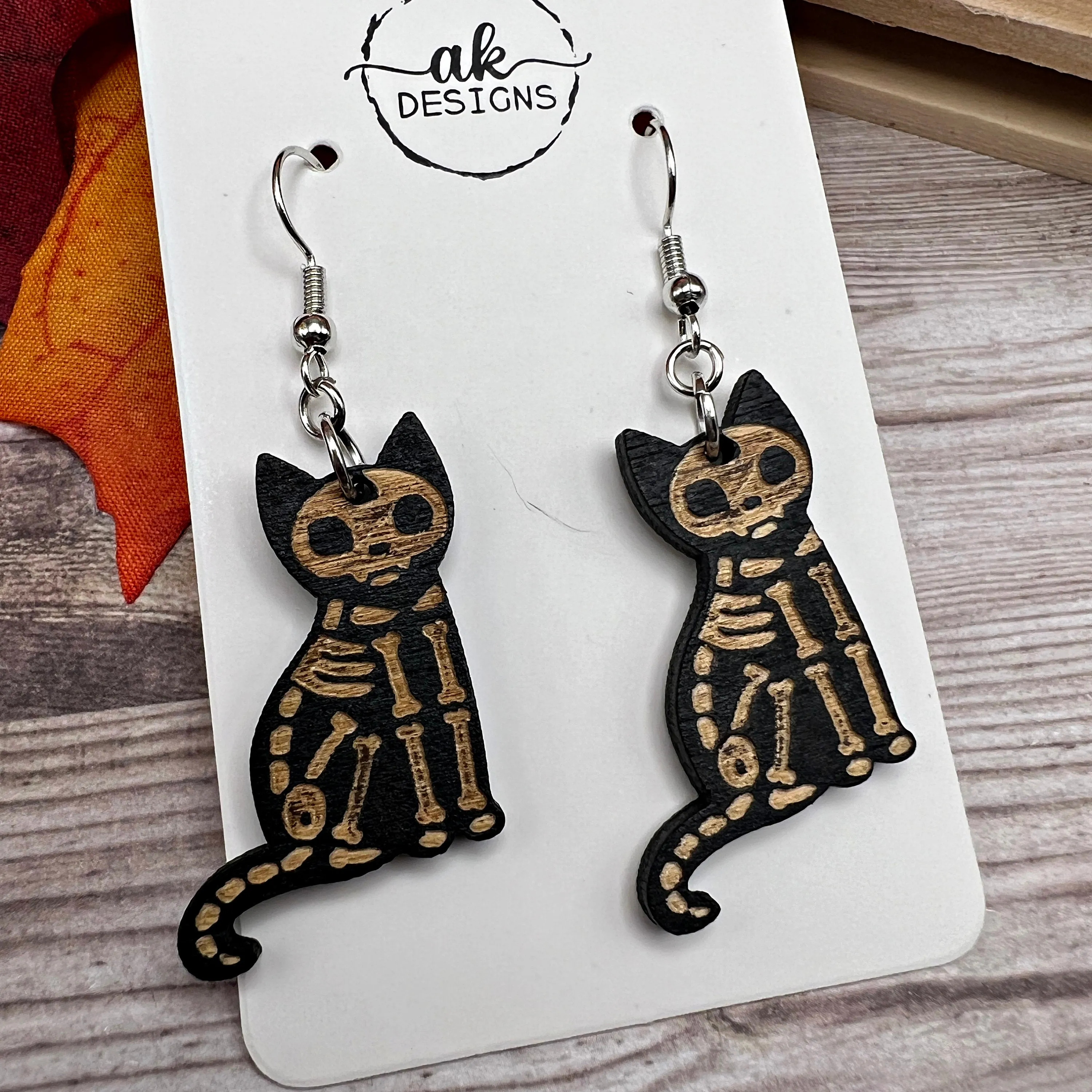 Painted Wood Black Skeleton Cat Creepy Halloween Hypoallergenic  Earrings