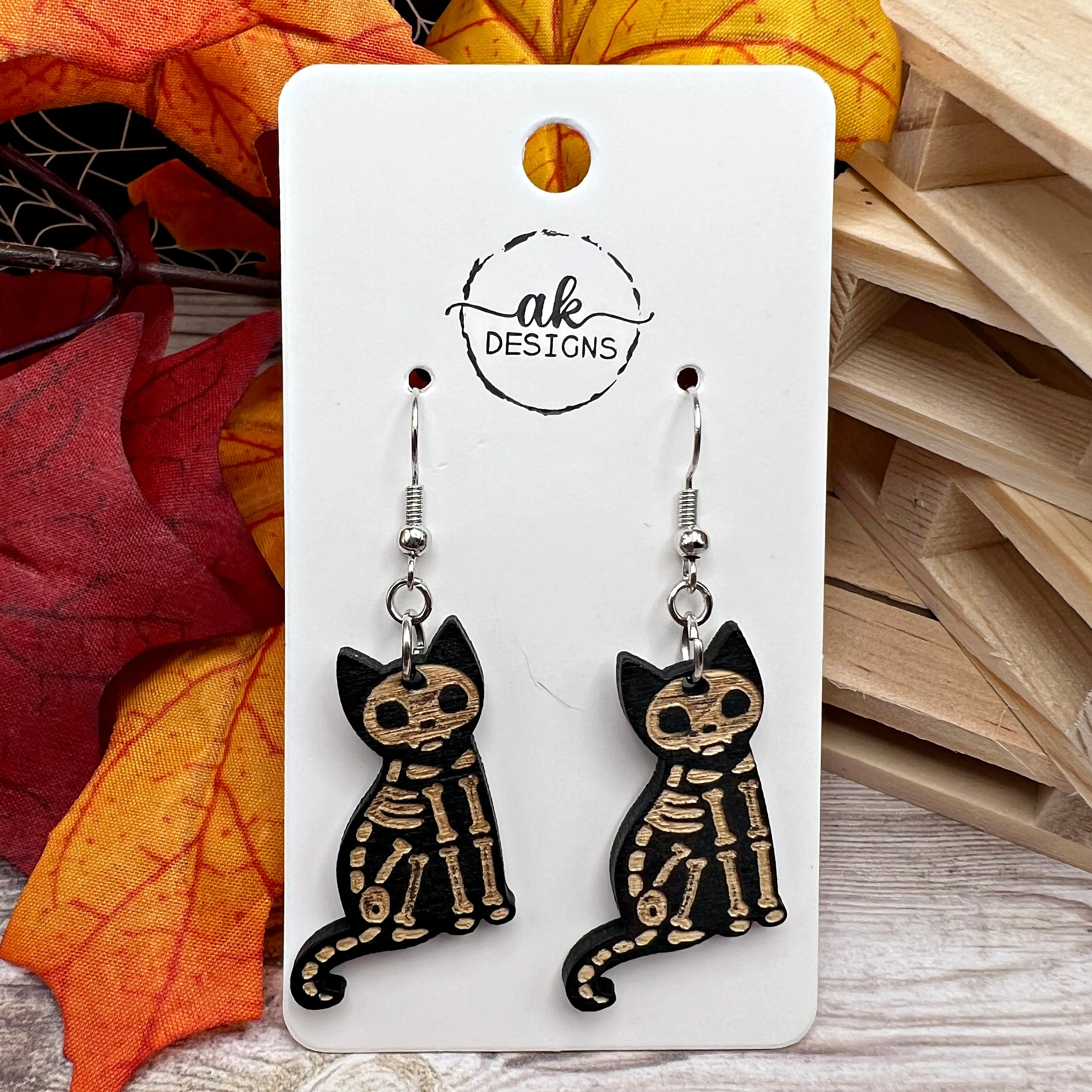 Painted Wood Black Skeleton Cat Creepy Halloween Hypoallergenic  Earrings