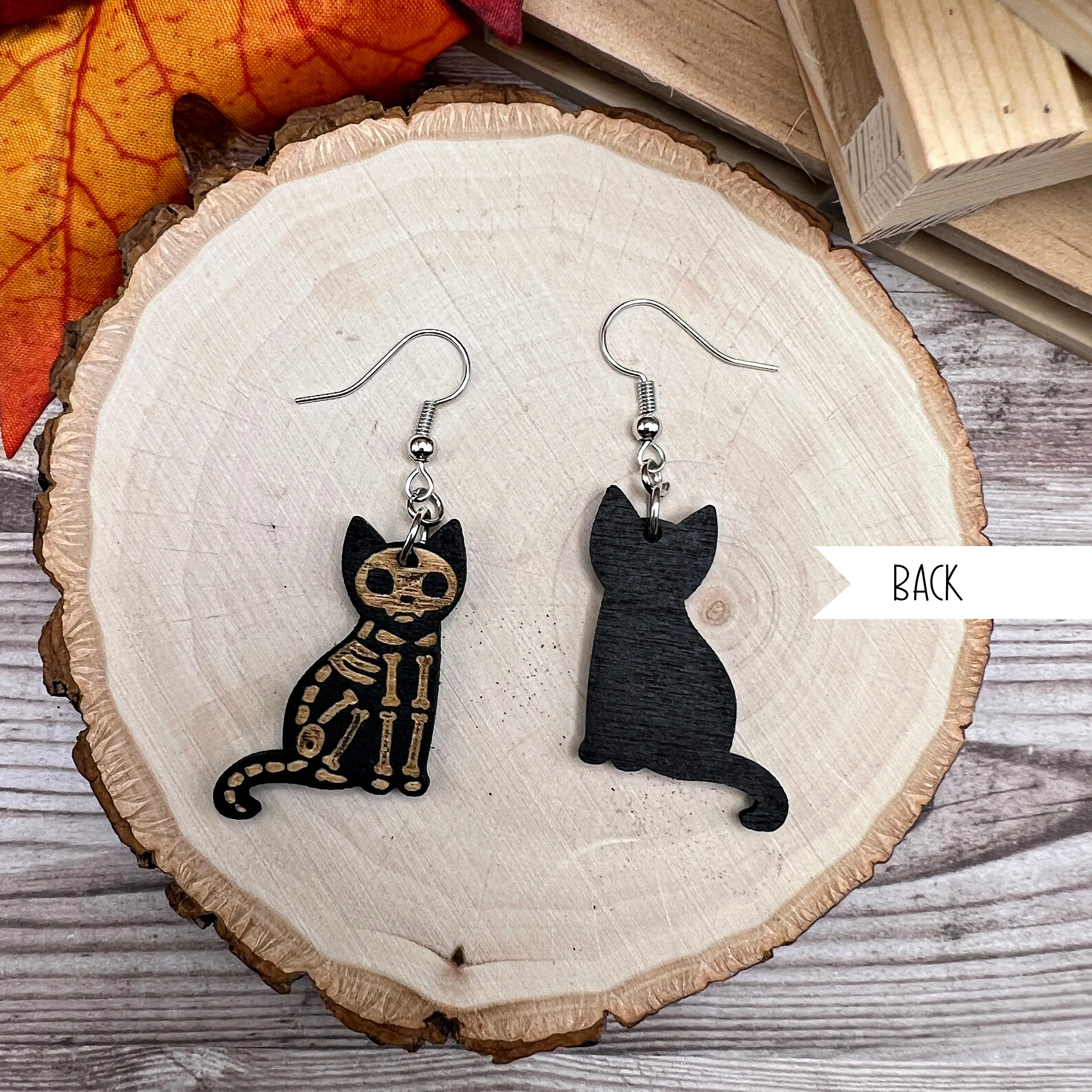 Painted Wood Black Skeleton Cat Creepy Halloween Hypoallergenic  Earrings