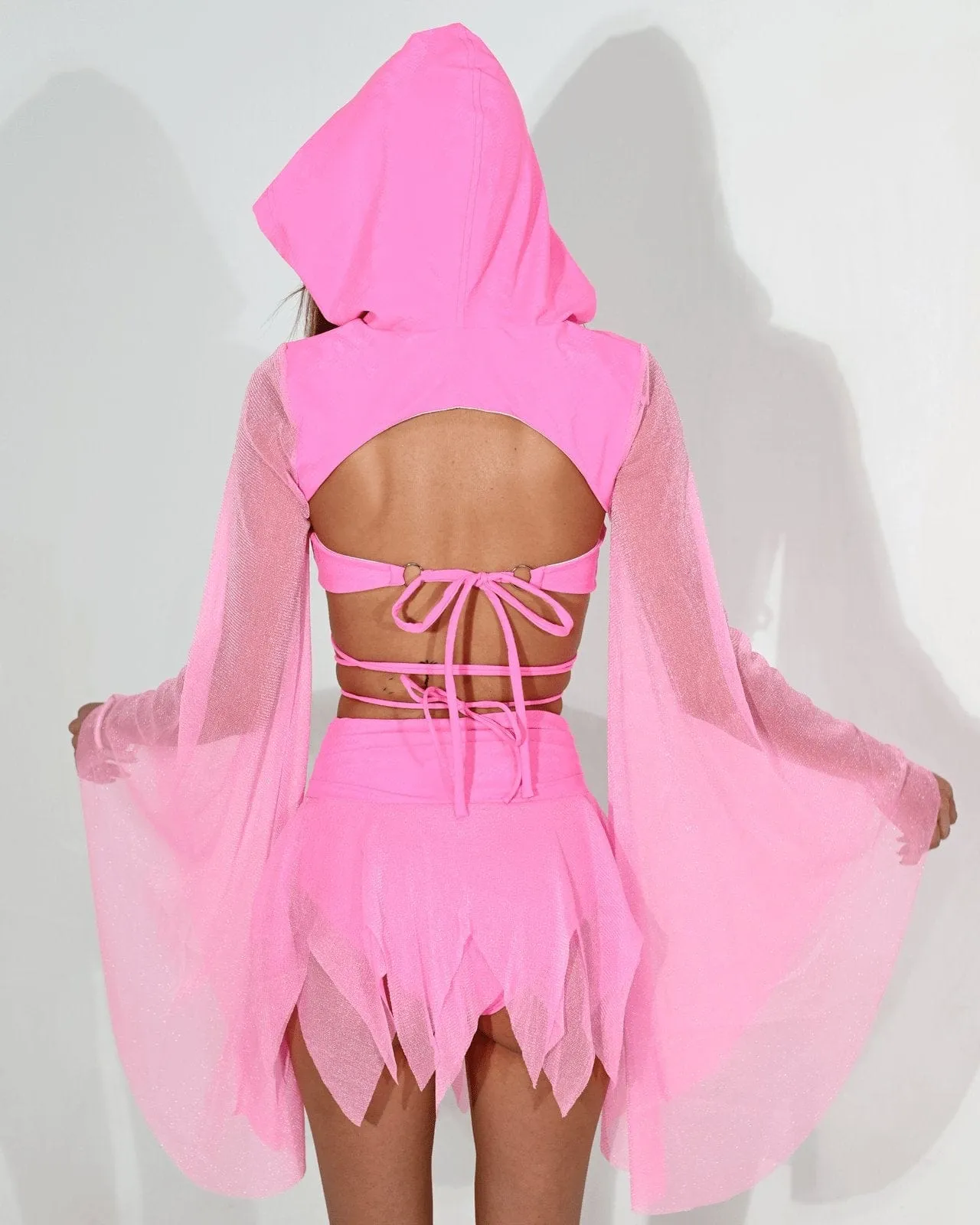 Pink Bell Sleeve Hooded Shrug Top