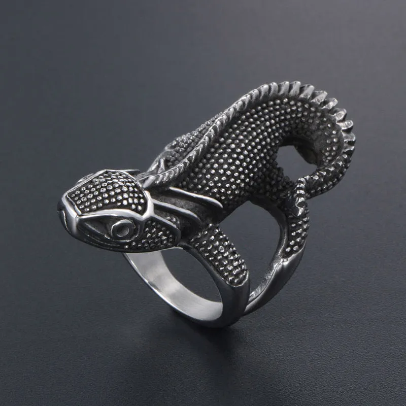 Planderful Everyday Genie Retro Punk Lizard Ring for Men in European and American Titanium Steel, Trendy Hip-Hop Style