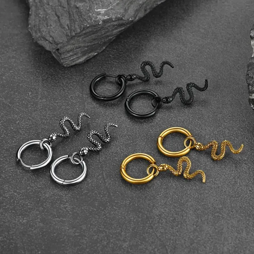 Punk Crawl Snake Drop Hoop Earrings for Men Women