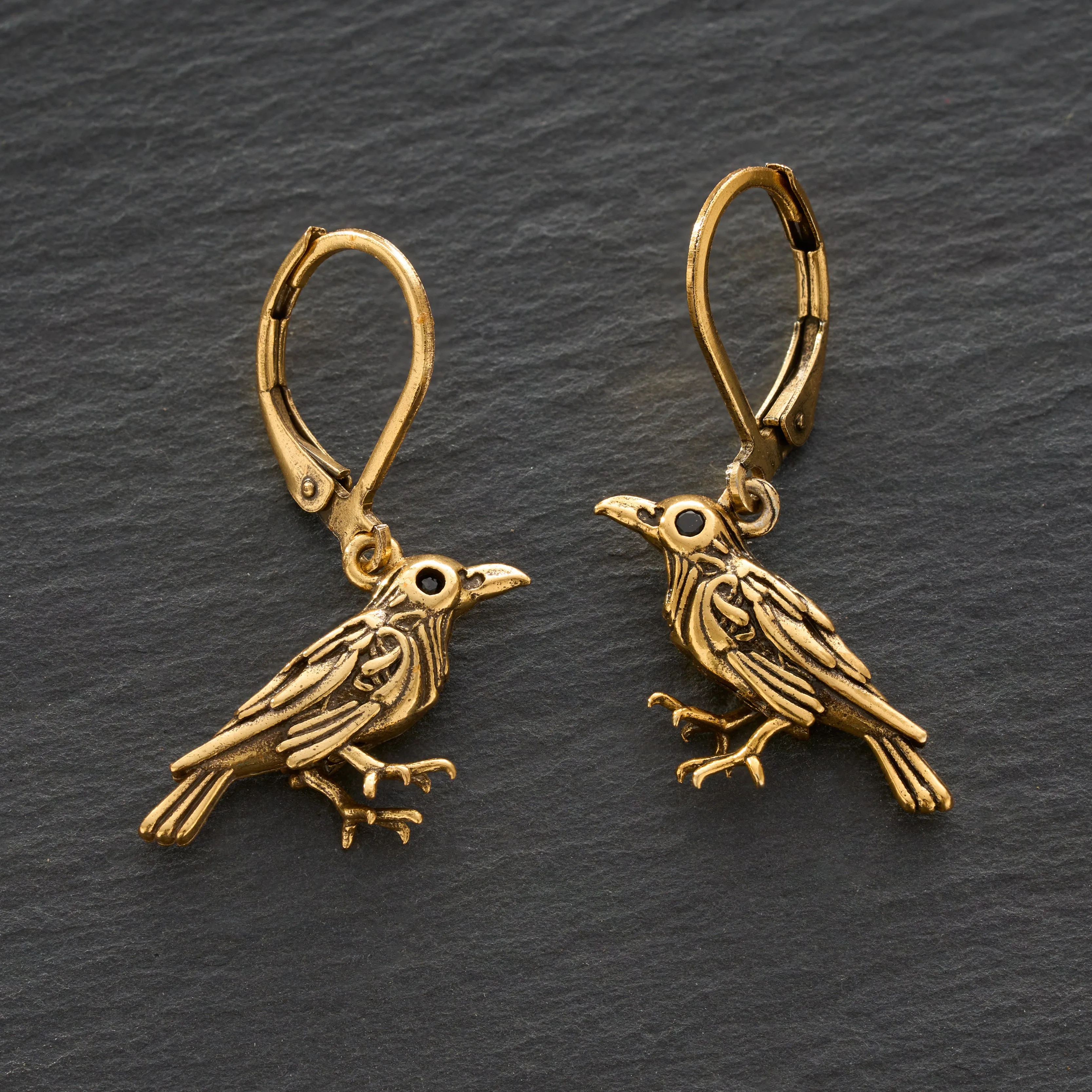 "Nevermore" Gold Raven Leverback Earrings