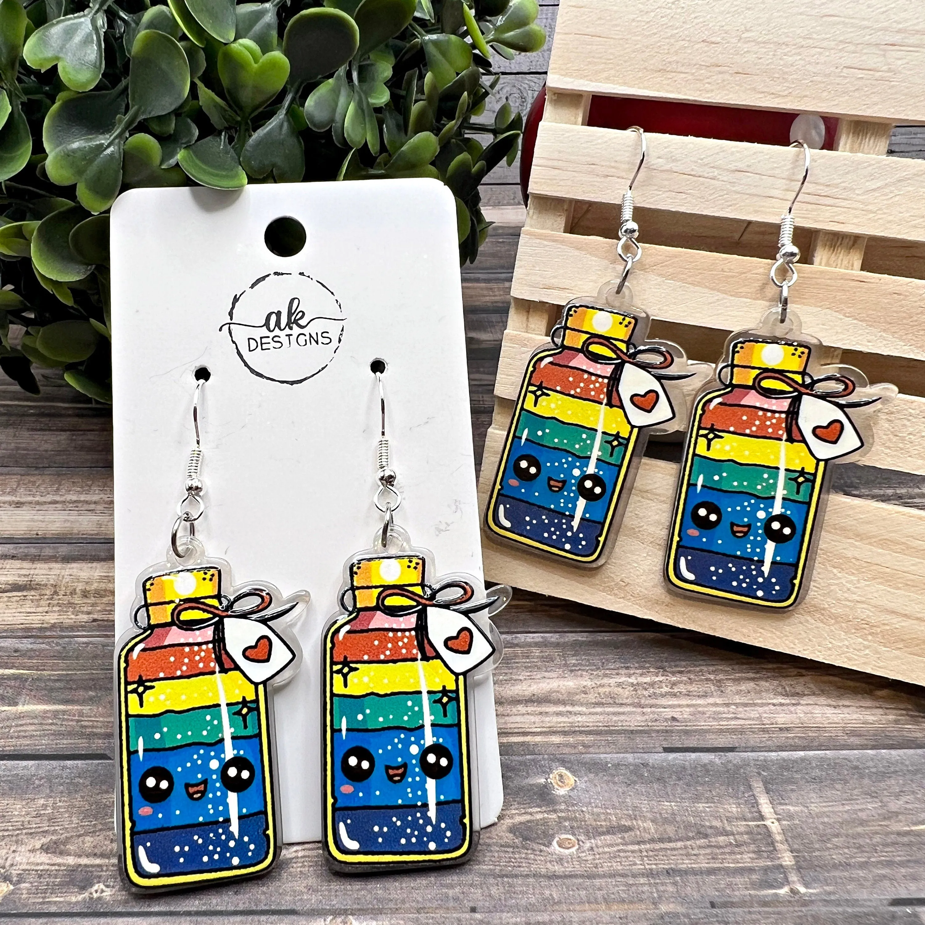 Rainbow Fizzy Potion Wish Bottle Acrylic  Earrings, Hypoallergenic Gift