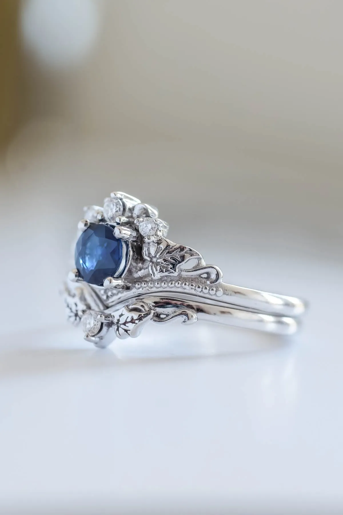 READY TO SHIP: Ariadne in 14K white gold, round cut natural non-treated blue sapphire 5 mm, moissanites, RING SIZE 7 US