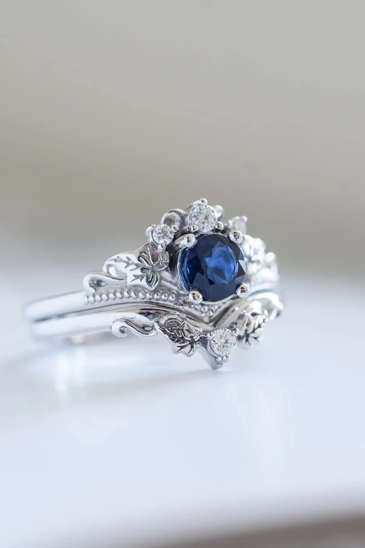 READY TO SHIP: Ariadne in 14K white gold, round cut natural non-treated blue sapphire 5 mm, moissanites, RING SIZE 7 US