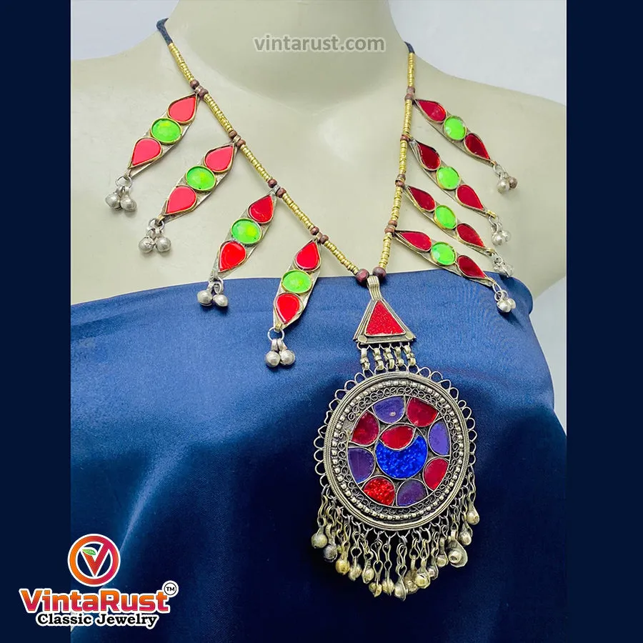 Red and Green Glass Stones Pendant Necklace