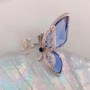 Silver Floral Blue Crystal Butterfly Wing Cuff Ring