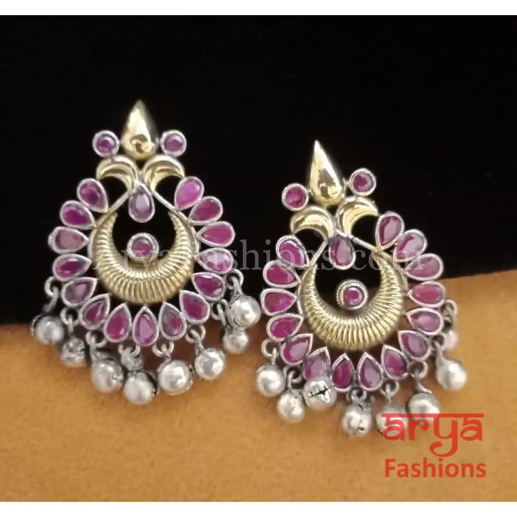 Silver Oxidized Tribal Earrings with Colorful Cultured Stones Dual Tone Chandbali