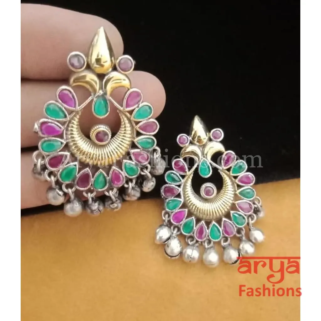 Silver Oxidized Tribal Earrings with Colorful Cultured Stones Dual Tone Chandbali