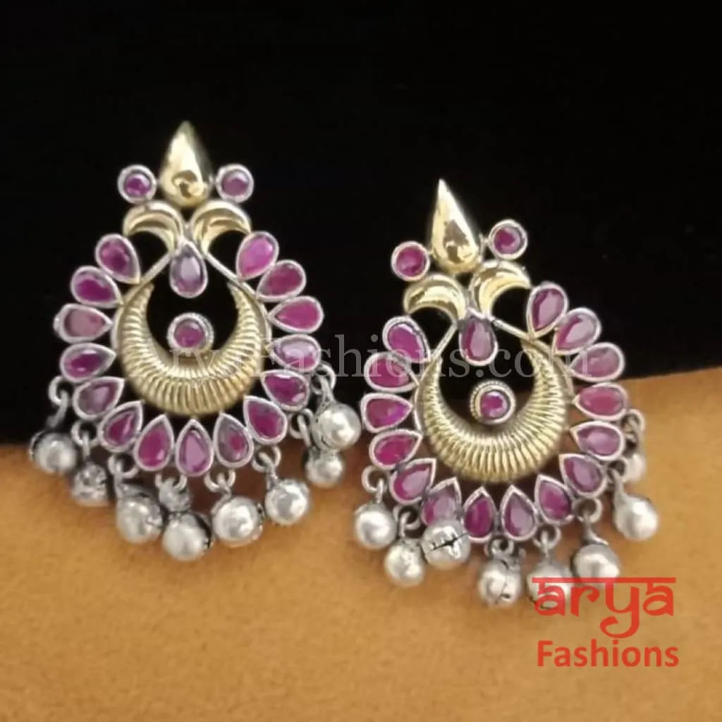 Silver Oxidized Tribal Earrings with Colorful Cultured Stones Dual Tone Chandbali